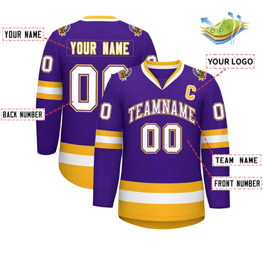 Custom Purple White Purple-Gold Classic Style Hockey Jersey