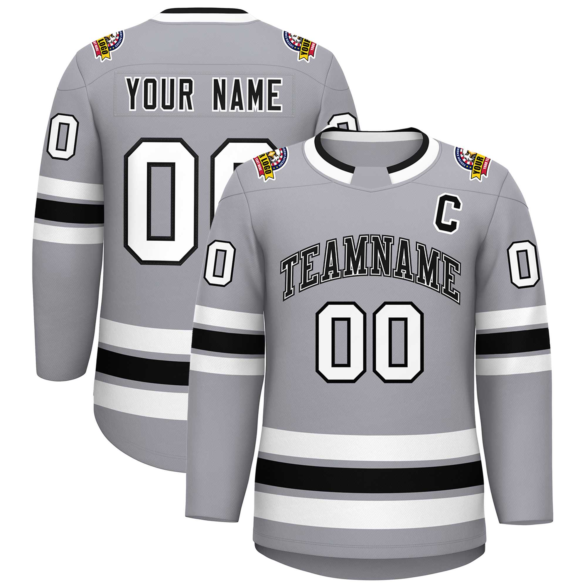 Custom Gray Black White-Black Classic Style Hockey Jersey