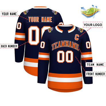 Custom Navy Orange Navy-White Classic Style Hockey Jersey