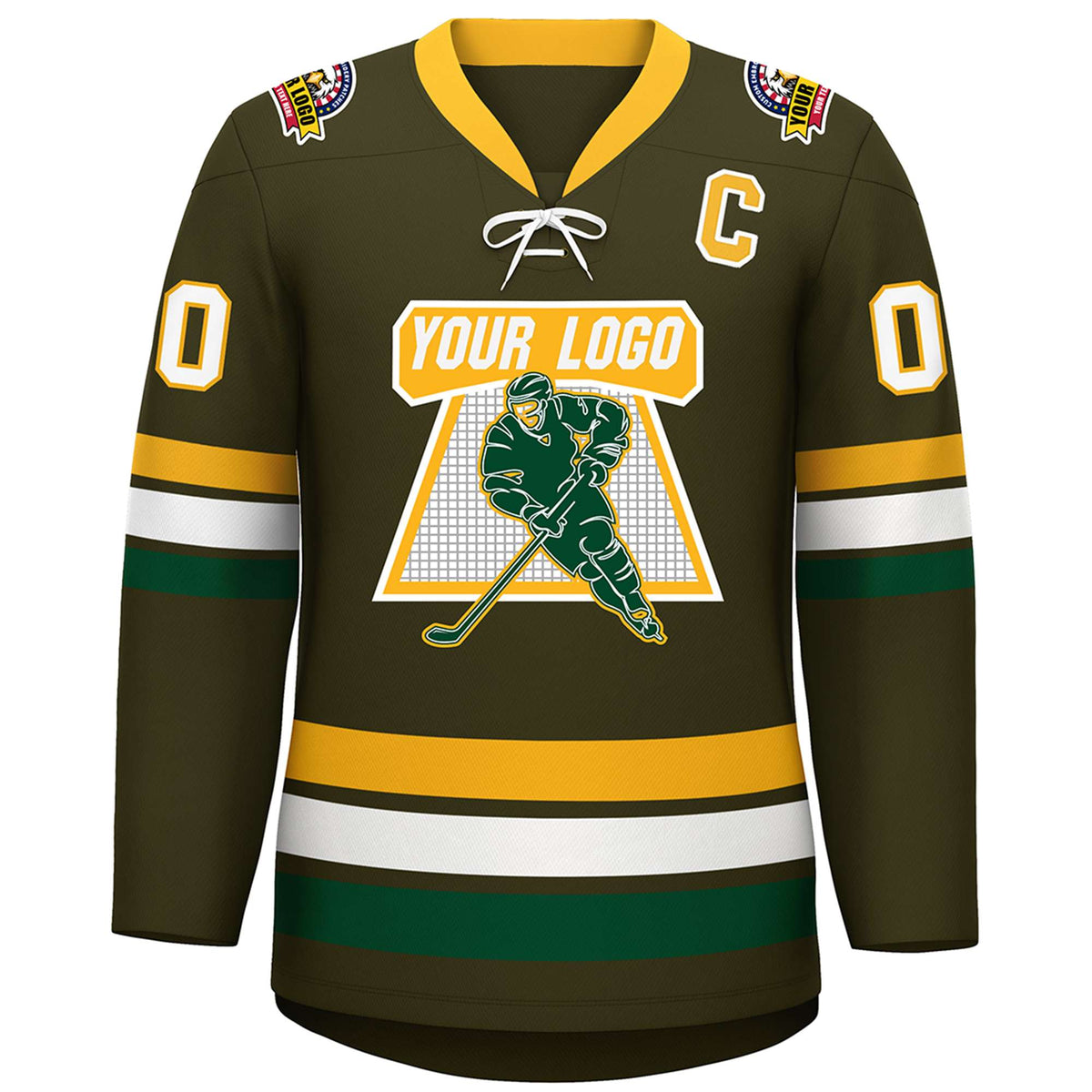 Custom Olive Yellow-White Lace-Up Neck Hockey Jersey