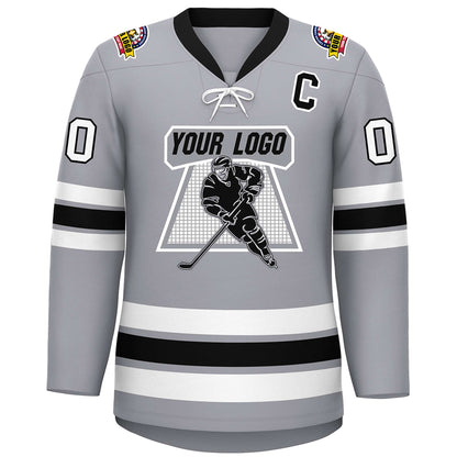 Custom Gray Black-White Lace-Up Neck Hockey Jersey