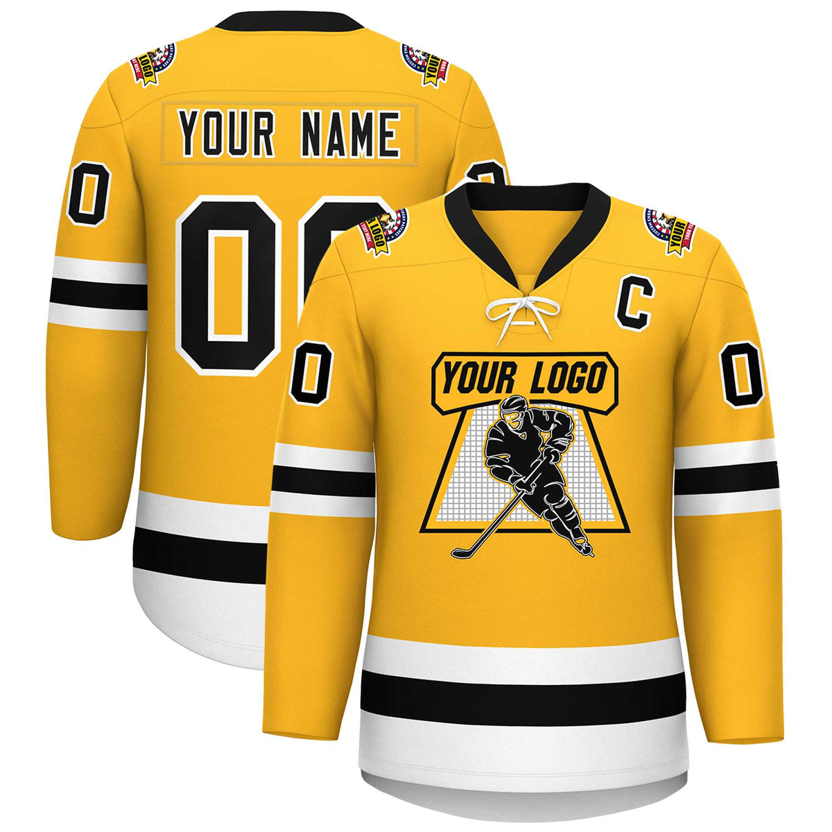 Custom Gold Black-White Lace-Up Neck Hockey Jersey