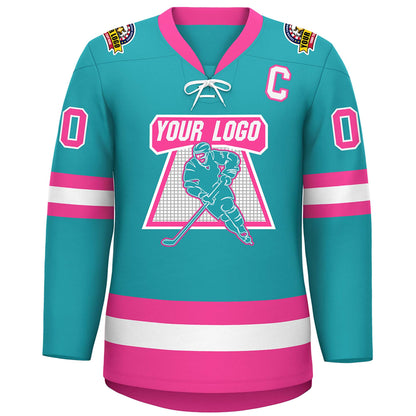 Custom Aqua Pink-White Lace-Up Neck Hockey Jersey