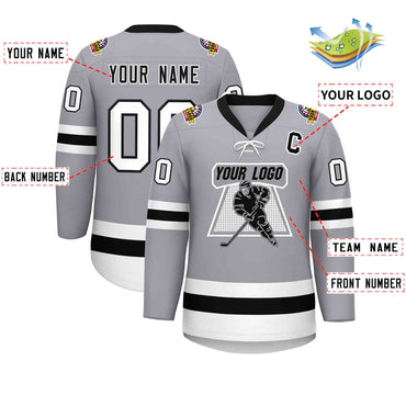 Custom Gray Black-White Lace-Up Neck Hockey Jersey