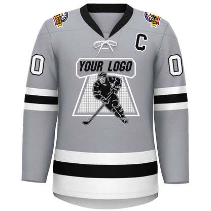 Custom Gray Black-White Lace-Up Neck Hockey Jersey