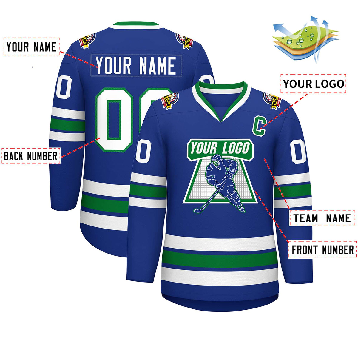 Custom Royal White Kelly Green- Classic Style Hockey Jersey