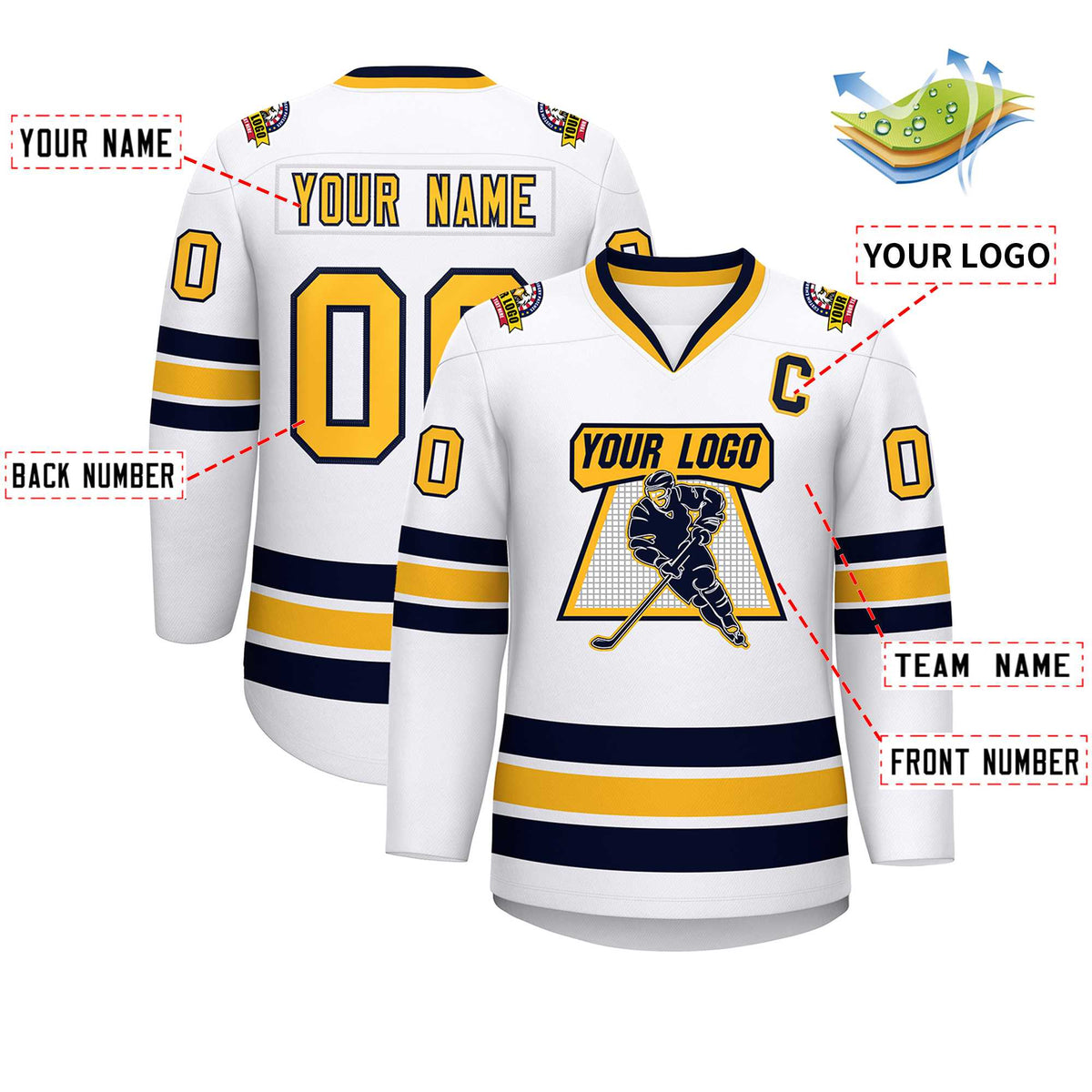 Custom White Gold-Navy Classic Style Hockey Jersey