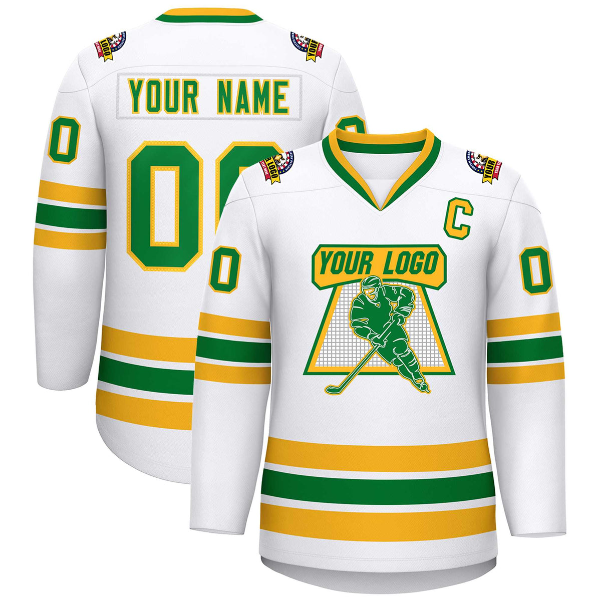 Custom White Kelly Green-Gold Classic Style Hockey Jersey