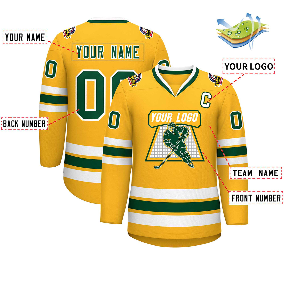 Custom Gold Green-White Classic Style Hockey Jersey