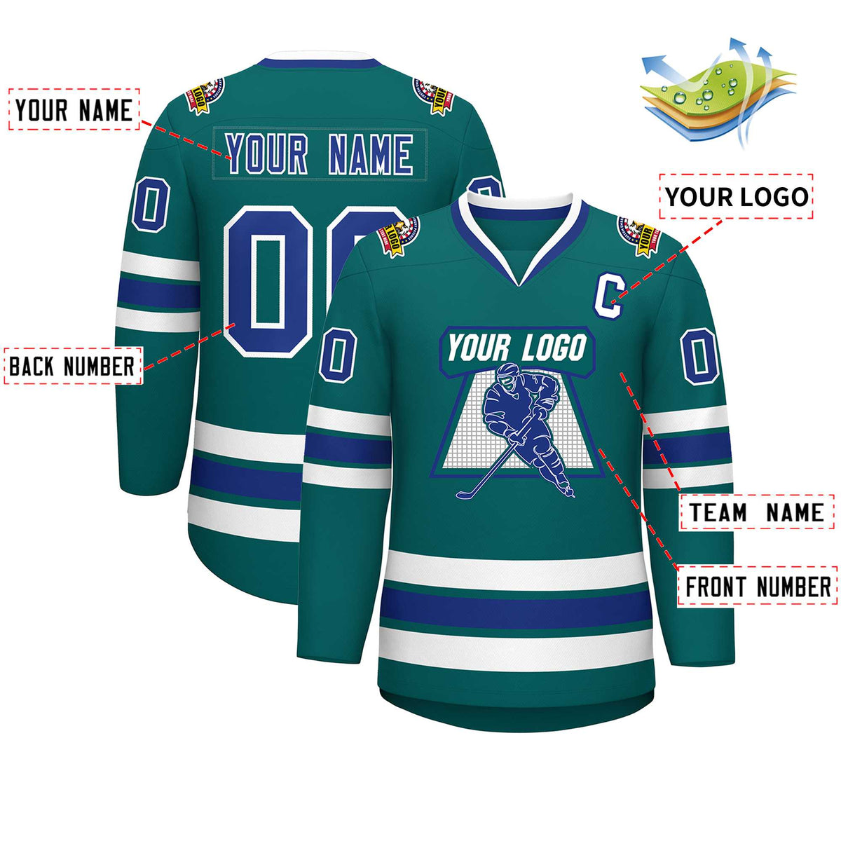 Custom Aqua Royal-White Classic Style Hockey Jersey