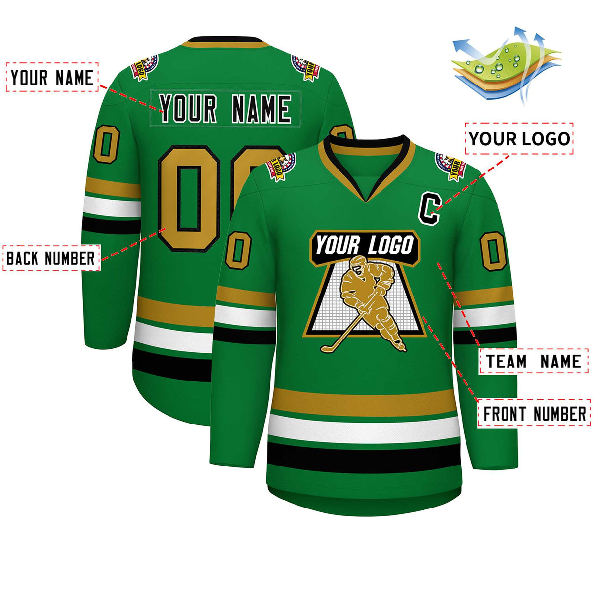 Custom Kelly Green Black White-Old Gold Classic Style Hockey Jersey