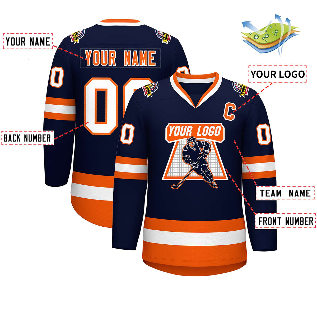 Custom Navy Orange Navy-White Classic Style Hockey Jersey