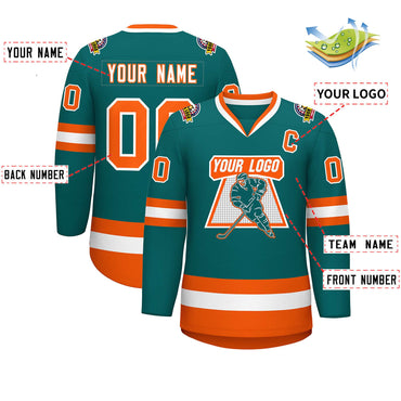 Custom Teal White-Orange Classic Style Hockey Jersey