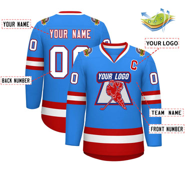Custom Powder Blue White Royal-Red Classic Style Hockey Jersey
