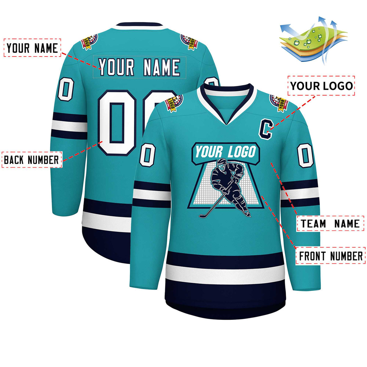 Custom Aqua White-Navy Classic Style Hockey Jersey