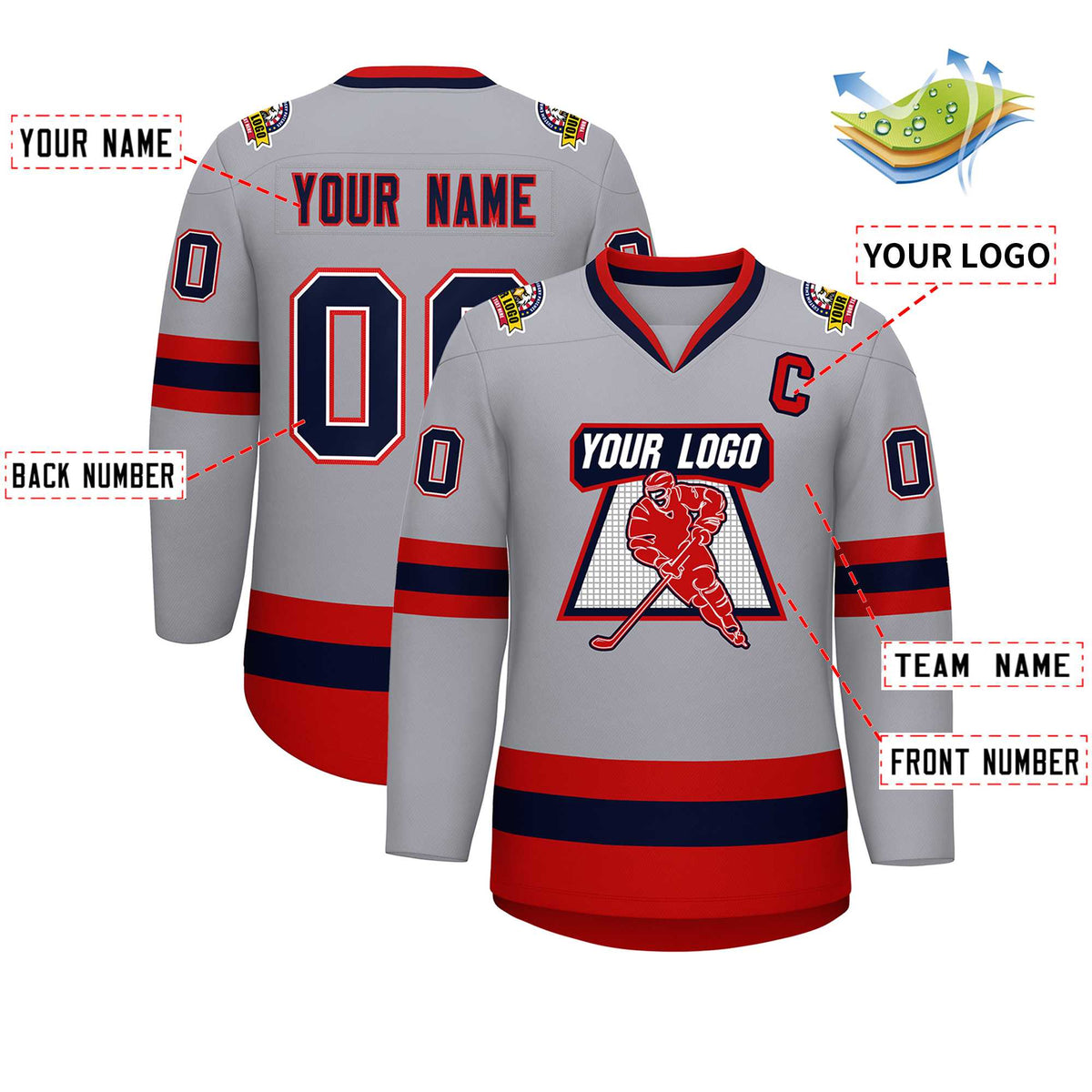 Custom Gray Navy White-Red Classic Style Hockey Jersey