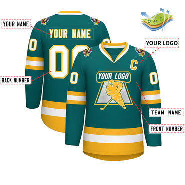 Custom Teal White-Gold Classic Style Hockey Jersey