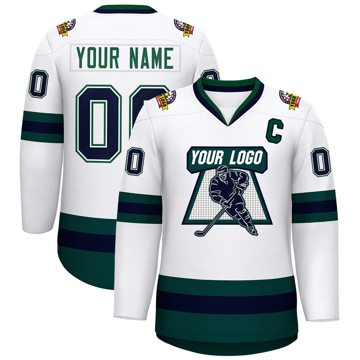 Custom White Navy White-Green Classic Style Hockey Jersey
