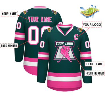 Custom Midnight Green Pink-White Classic Style Hockey Jersey