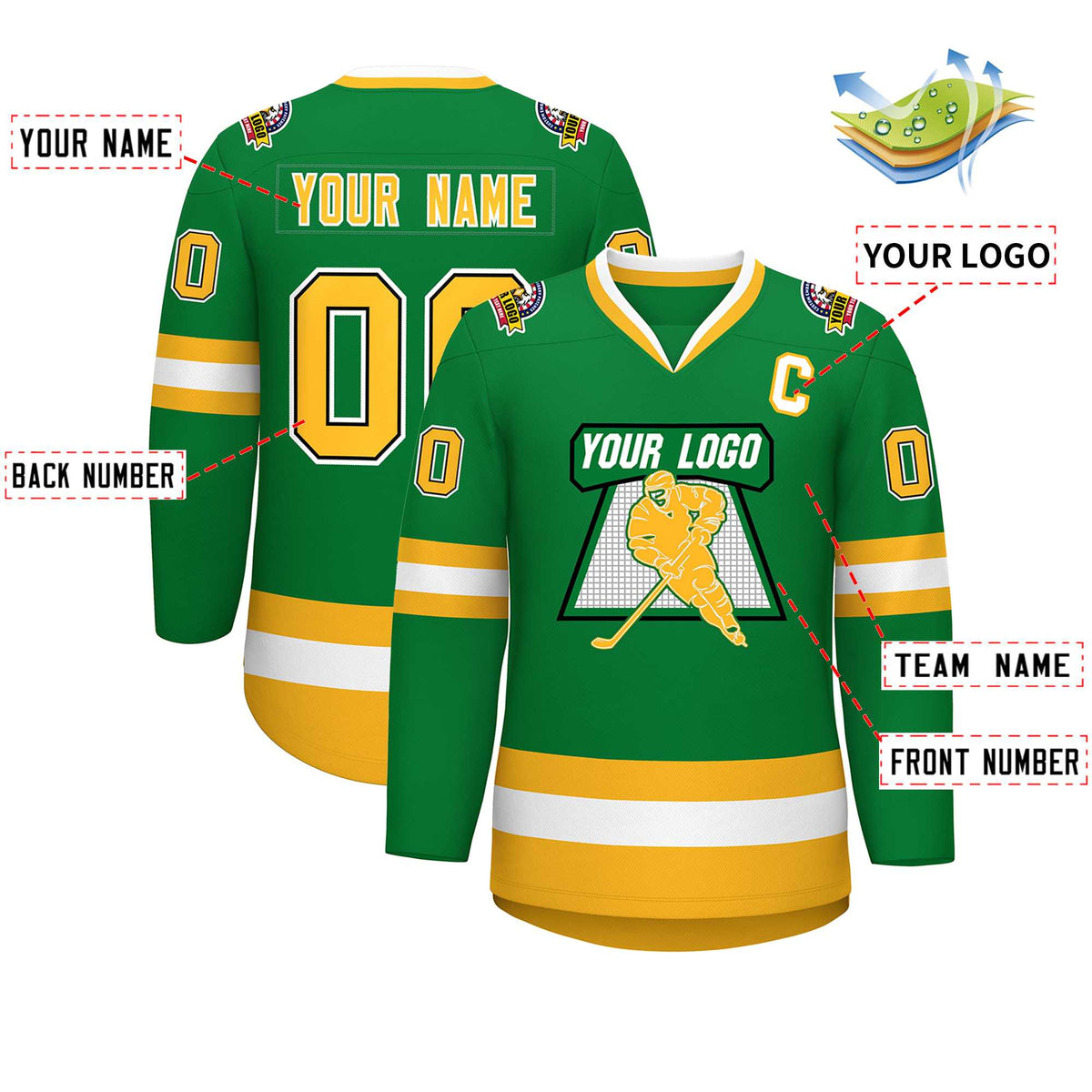 Custom Kelly Green Gold Black-White Classic Style Hockey Jersey
