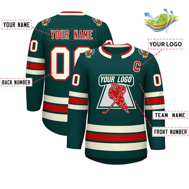 Custom Midnight Green Red-Khaki Classic Style Hockey Jersey