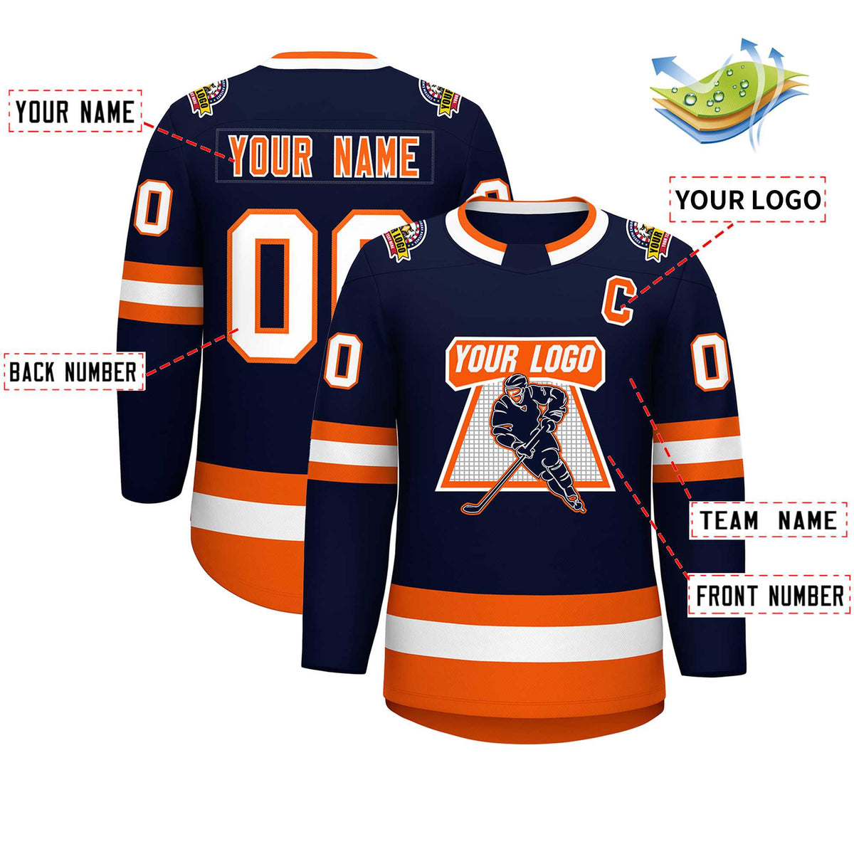 Custom Navy Orange Navy-White Classic Style Hockey Jersey