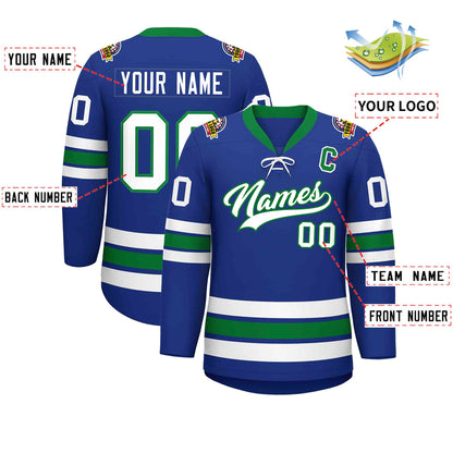 Custom Royal White-Kelly Green Lace-Up Neck Hockey Jersey
