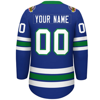 Custom Royal White-Kelly Green Lace-Up Neck Hockey Jersey