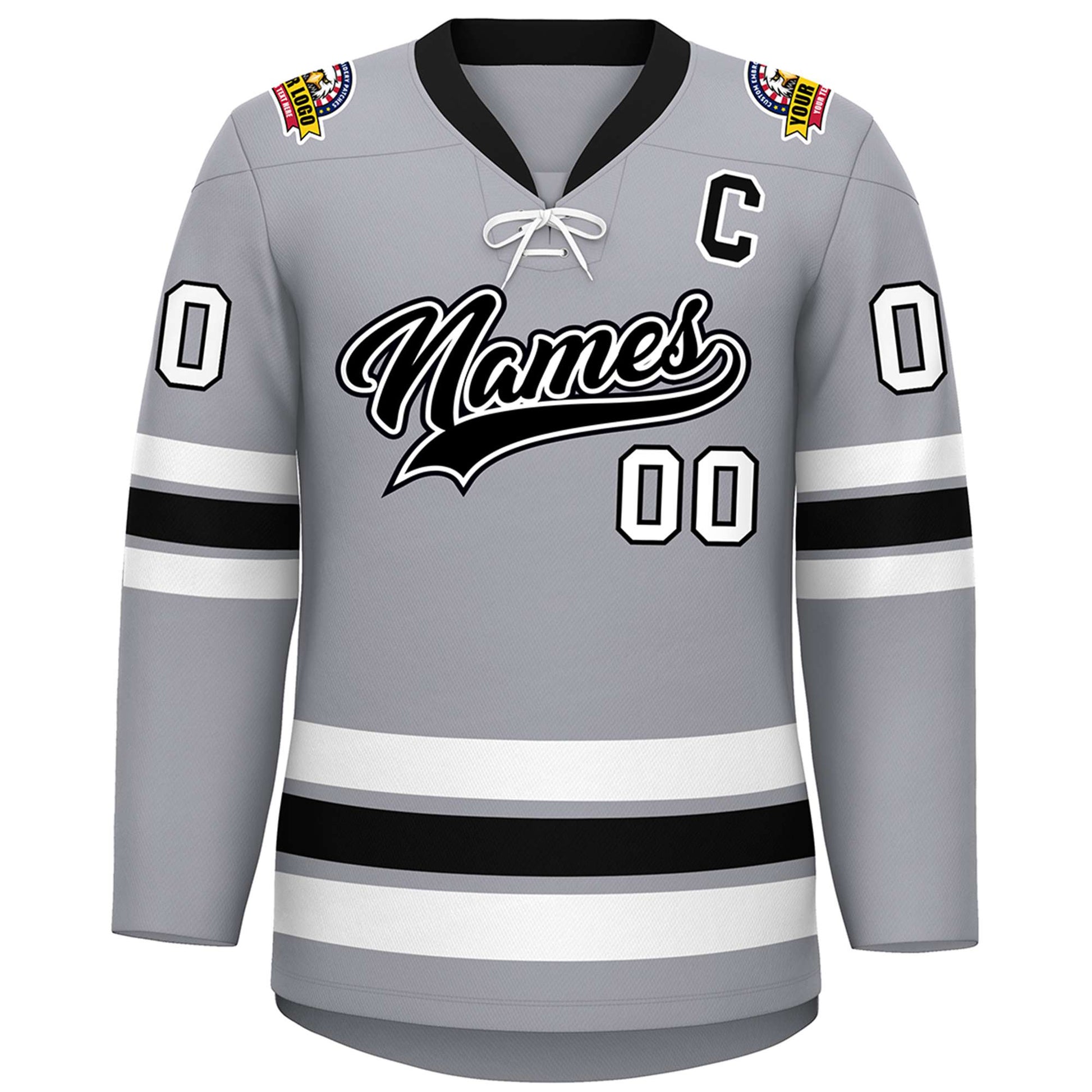 Custom Gray Black-White Lace-Up Neck Hockey Jersey