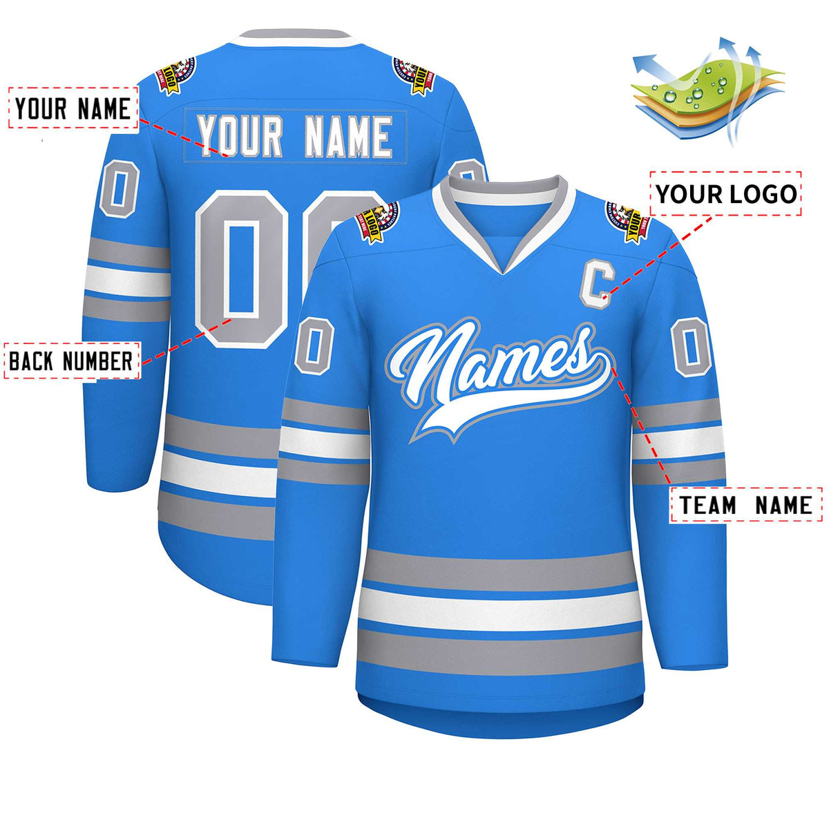 Custom Powder Blue White Powder Blue-Gray Classic Style Hockey Jersey