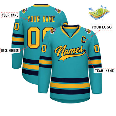 Custom Aqua Gold-Navy Classic Style Hockey Jersey