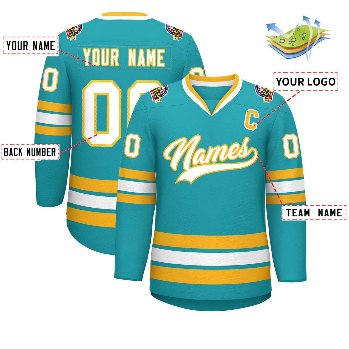 Custom Aqua White-Gold Classic Style Hockey Jersey