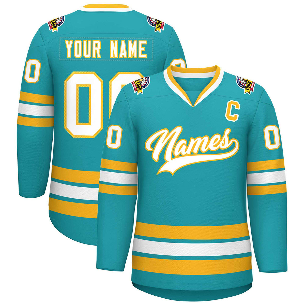 Custom Aqua White-Gold Classic Style Hockey Jersey