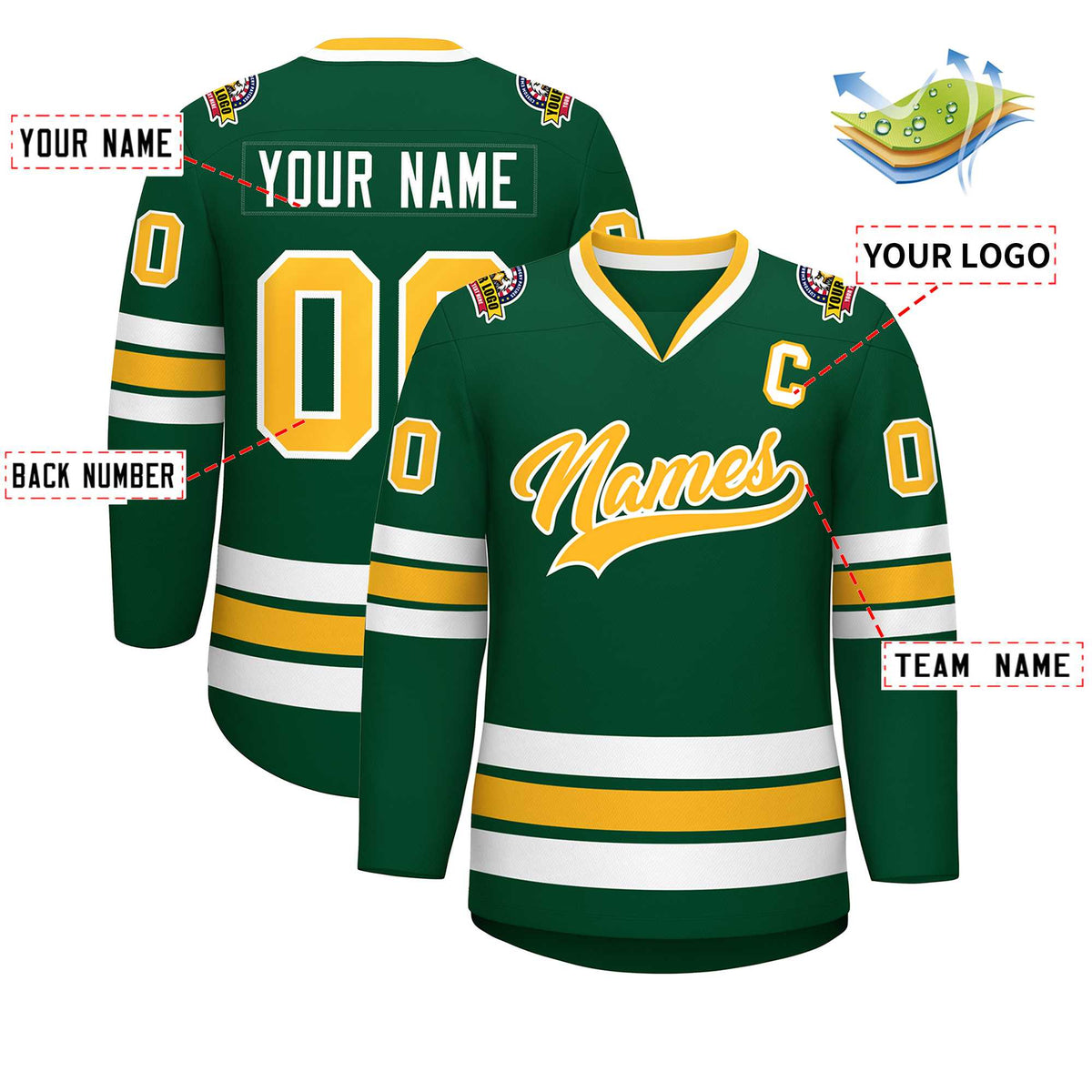 Custom Green Gold-White Classic Style Hockey Jersey