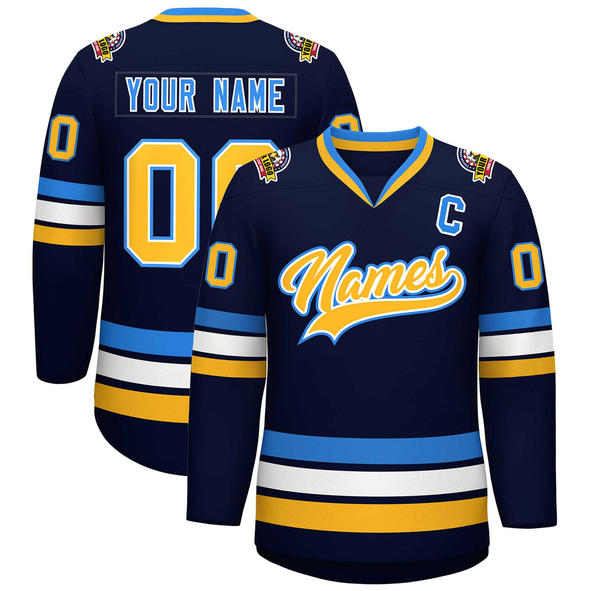 Custom Navy Gold White-Powder Blue Classic Style Hockey Jersey