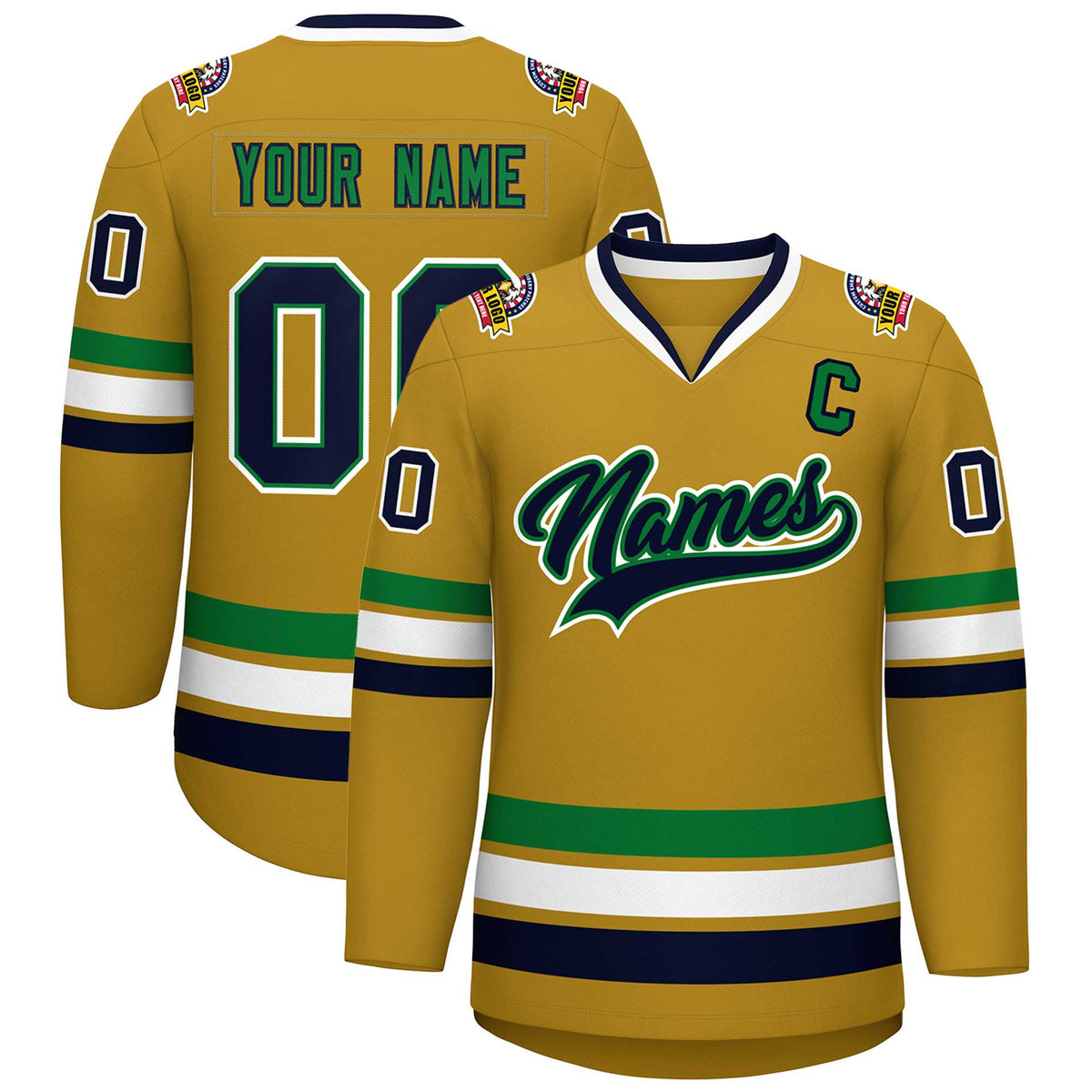Custom Old Gold Navy Kelly Green-White Classic Style Hockey Jersey