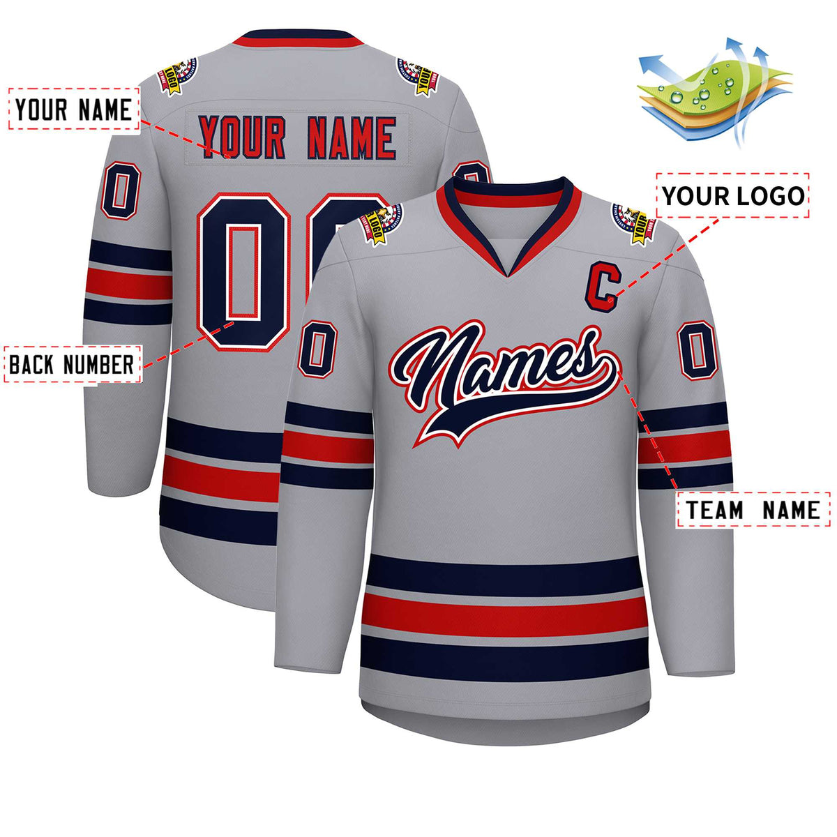 Custom Gray Navy White-Red Classic Style Hockey Jersey