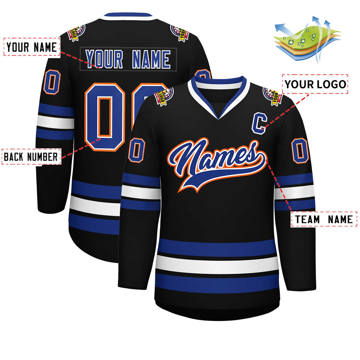 Custom Black Royal White-Orange Classic Style Hockey Jersey