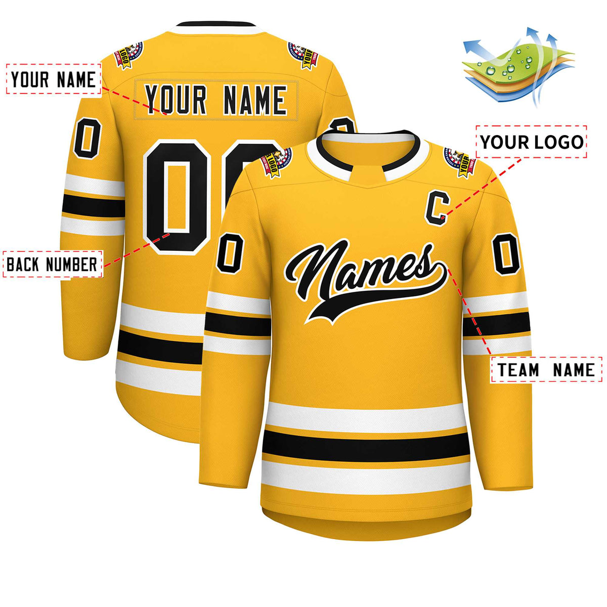 Custom Gold Black-White Classic Style Hockey Jersey