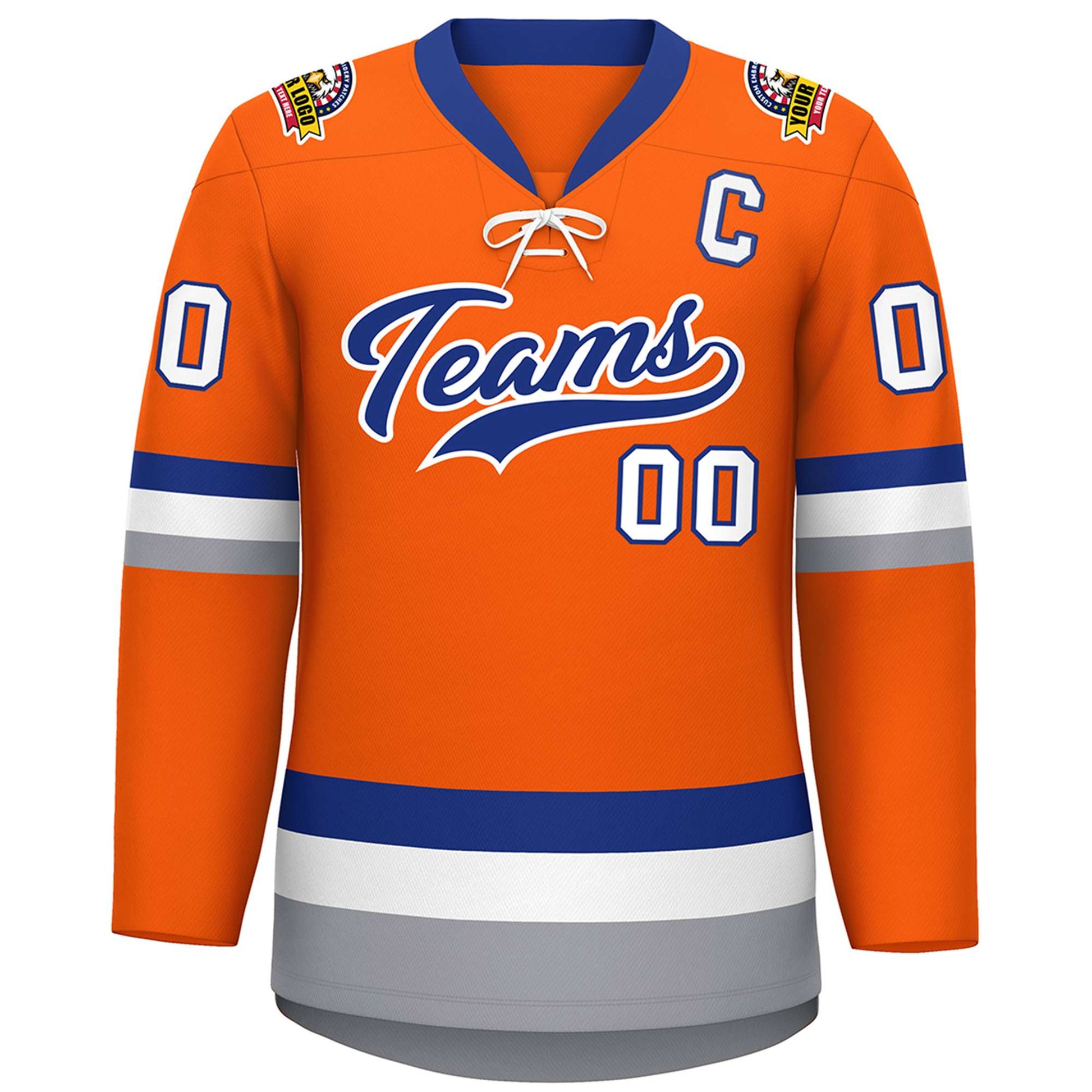 Custom Orange Royal-White Lace-Up Neck Hockey Jersey