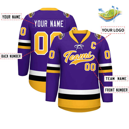 Custom Purple Gold-White Lace-Up Neck Hockey Jersey