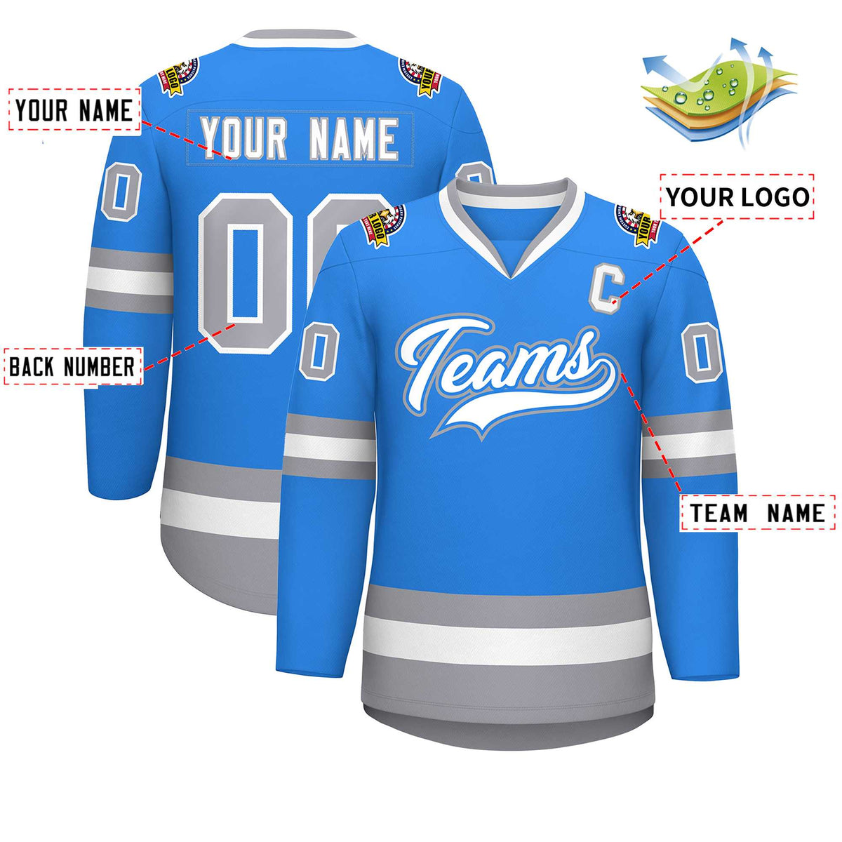 Custom Powder Blue White Powder Blue-Gray Classic Style Hockey Jersey