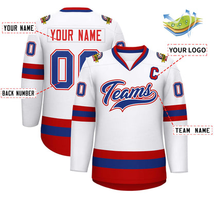 Custom White Royal White-Red Classic Style Hockey Jersey