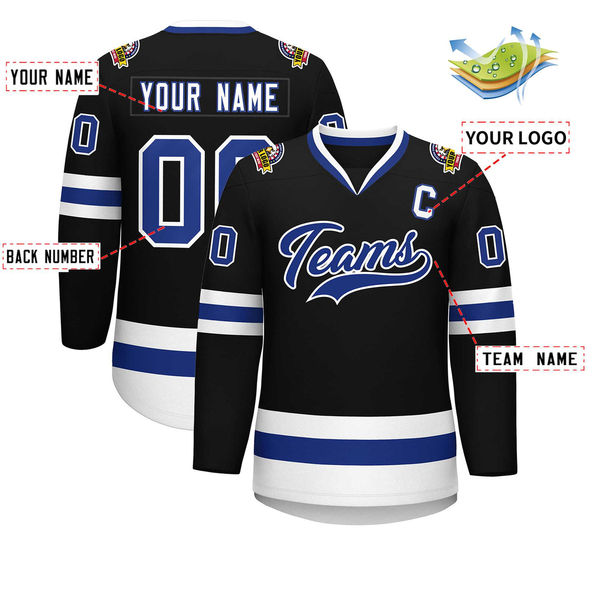 Custom Black Royal-White Classic Style Hockey Jersey