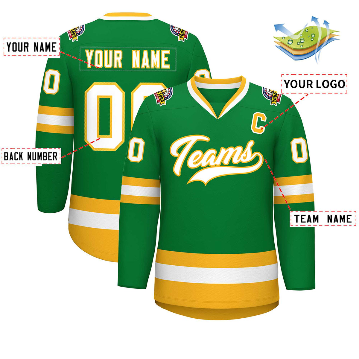 Custom Kelly Green White-Gold Classic Style Hockey Jersey