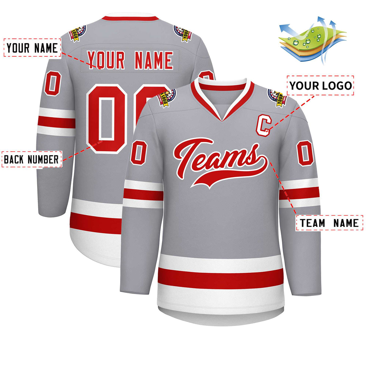 Custom Gray Red-White Classic Style Hockey Jersey