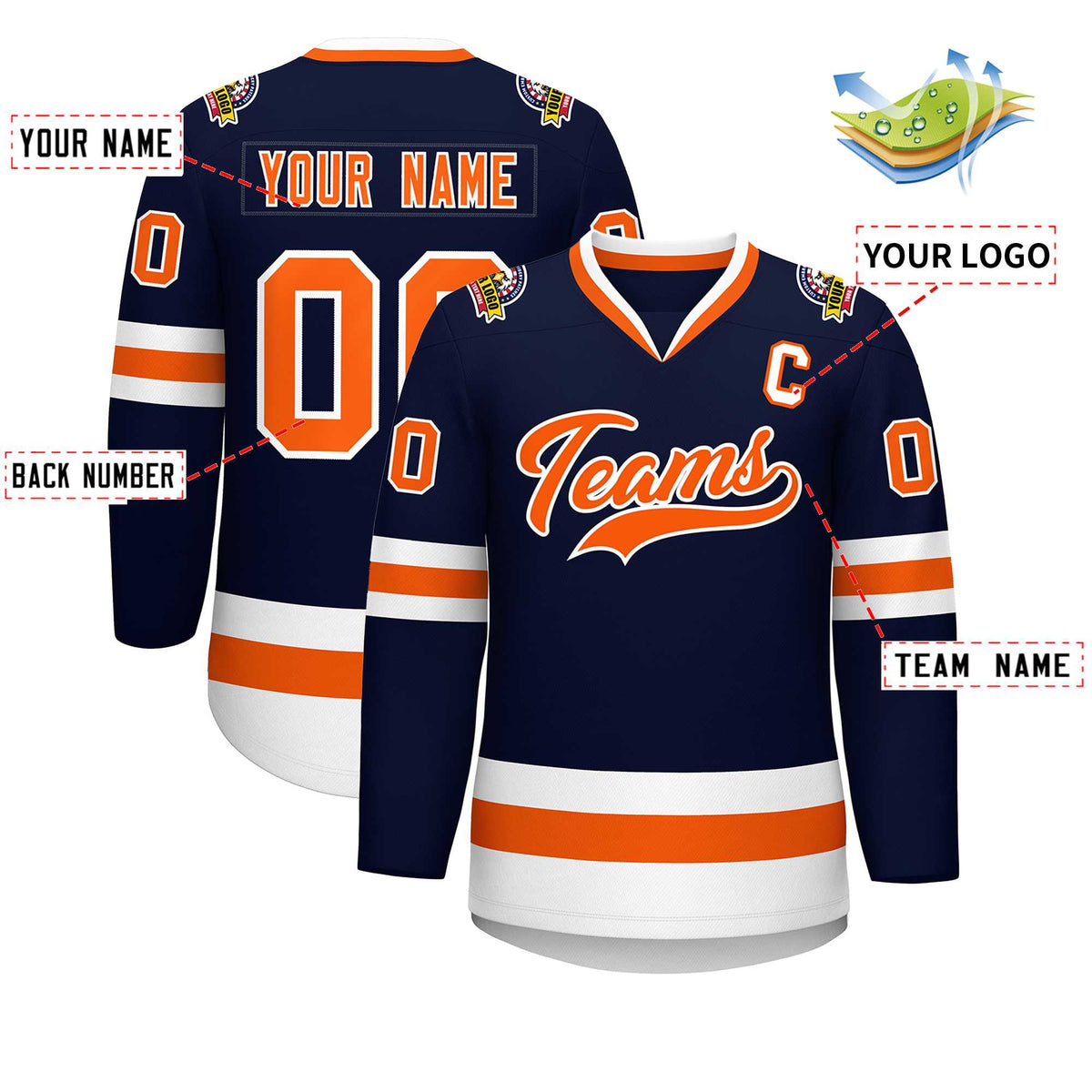 Custom Navy Orange-White Classic Style Hockey Jersey