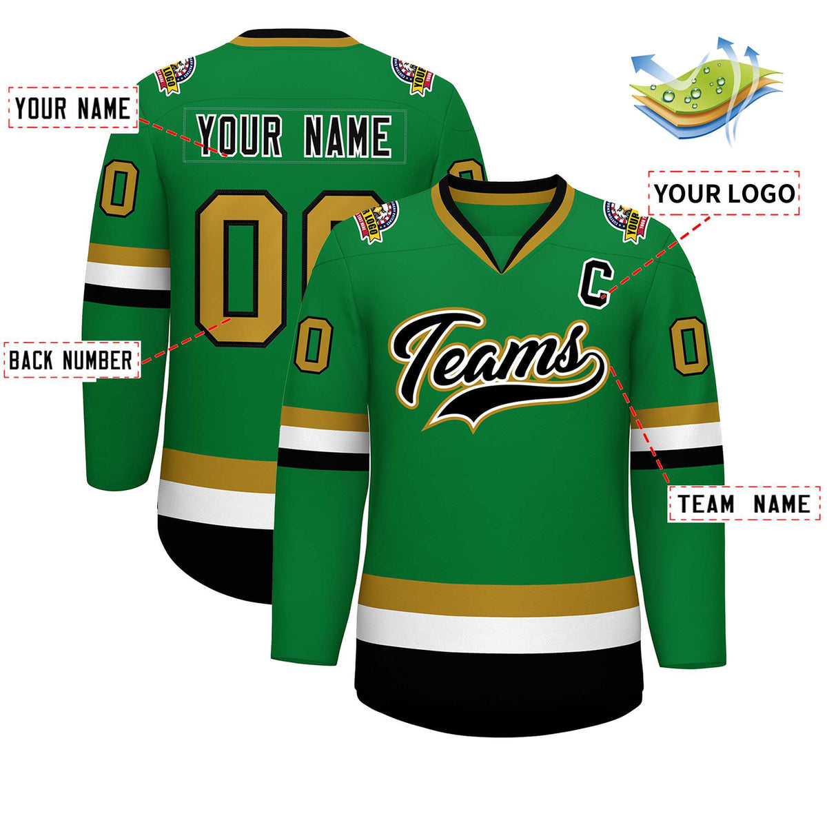 Custom Kelly Green Black White-Old Gold Classic Style Hockey Jersey