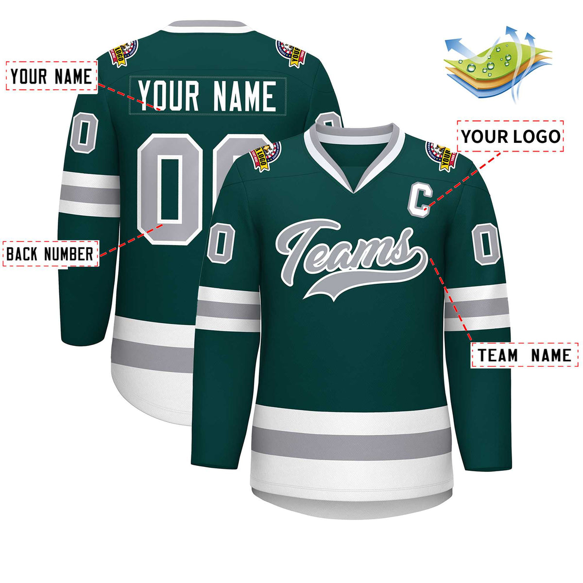 Custom Midnight Green Gray-White Classic Style Hockey Jersey