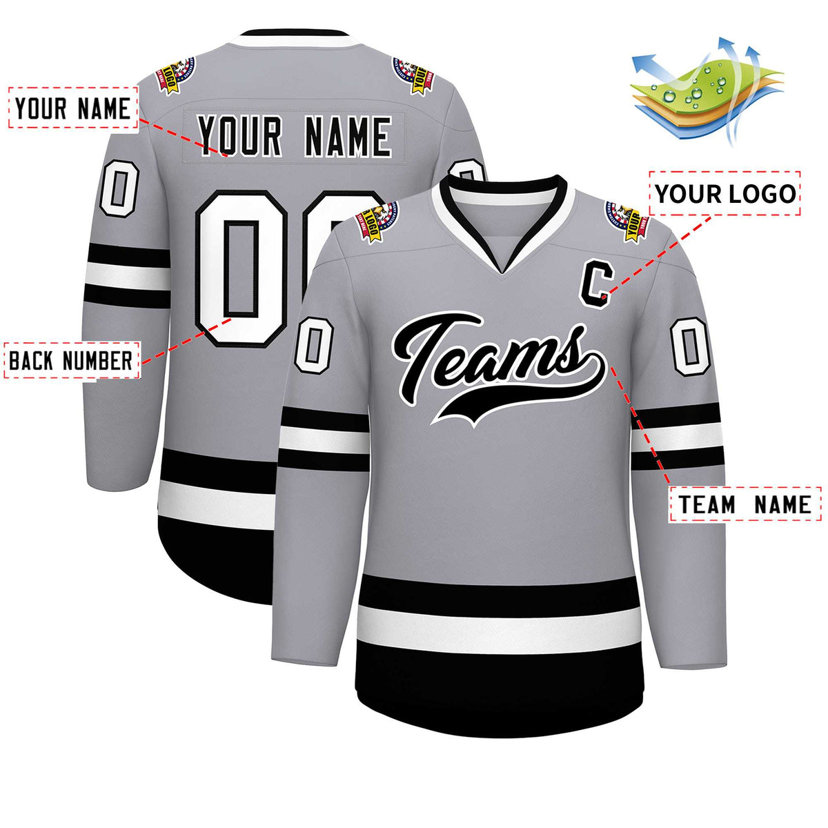 Custom Gray Black-White Classic Style Hockey Jersey